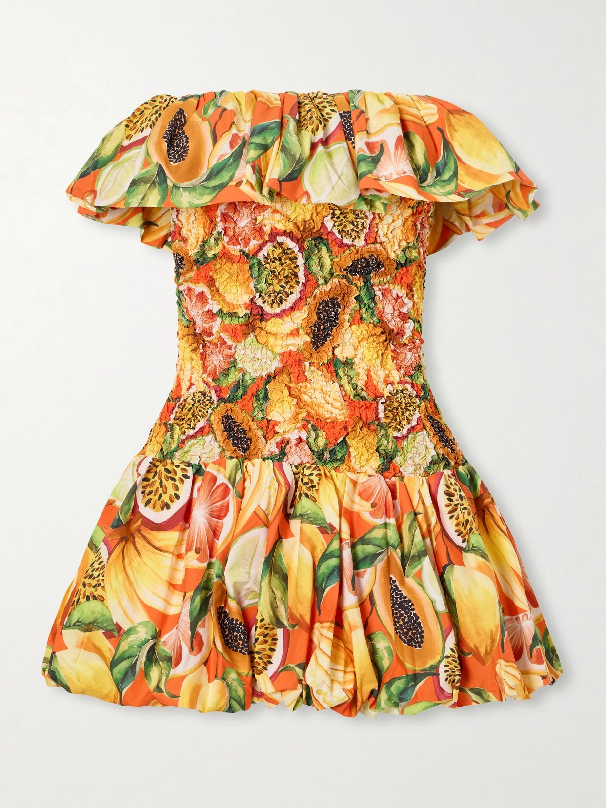 Image of Dresses. Product name - Strapless Ruffled Printed Shirred Cotton Mini Dress in xx small colour by brand - Farm Rio