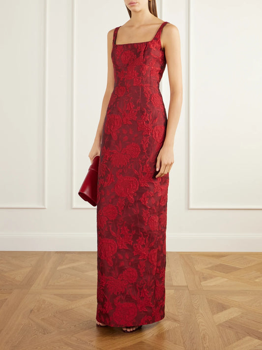 Image of Dresses. Product name - Megara Paneled Darted Floral-cloqué Gown in Burgundy colour by brand - Emilia Wickstead