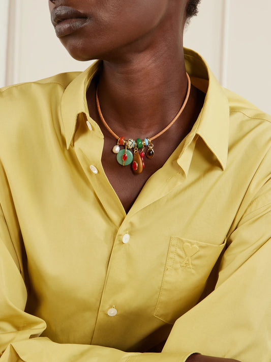 Image of Necklaces. Product name - The Leather Stone Gold-tone, Multi-stone And Leather Necklace in Multi colour by brand - Roxanne Assoulin