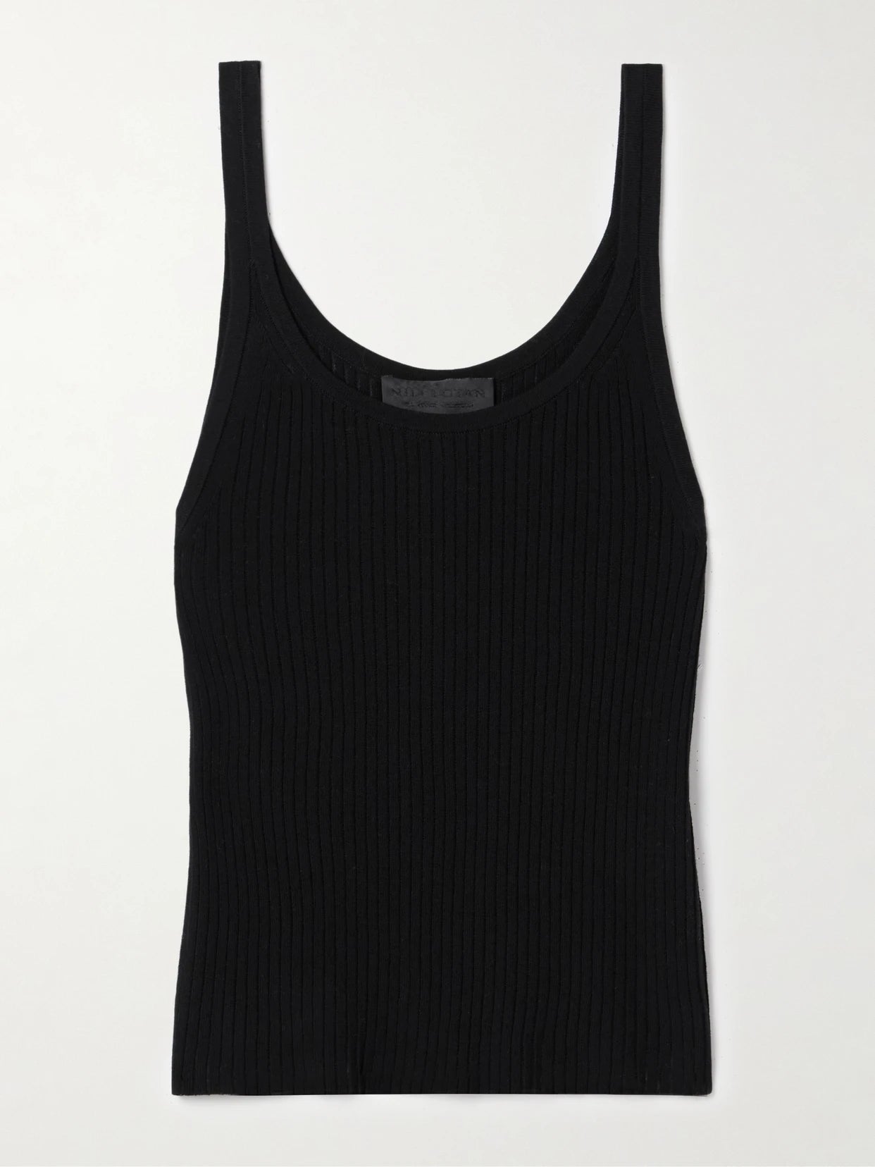 Image of a model wearing Tops. Product name - Wrenley Ribbed Cotton Tank in Black colour by brand - Nili Lotan