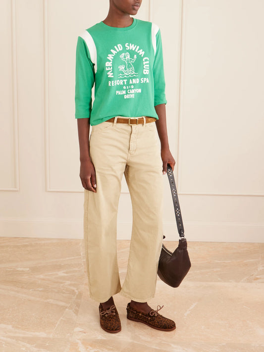 Image of a model wearing Tops. Product name - The Better Half Flocked Printed Cotton T-shirt in Green colour by brand - Mother