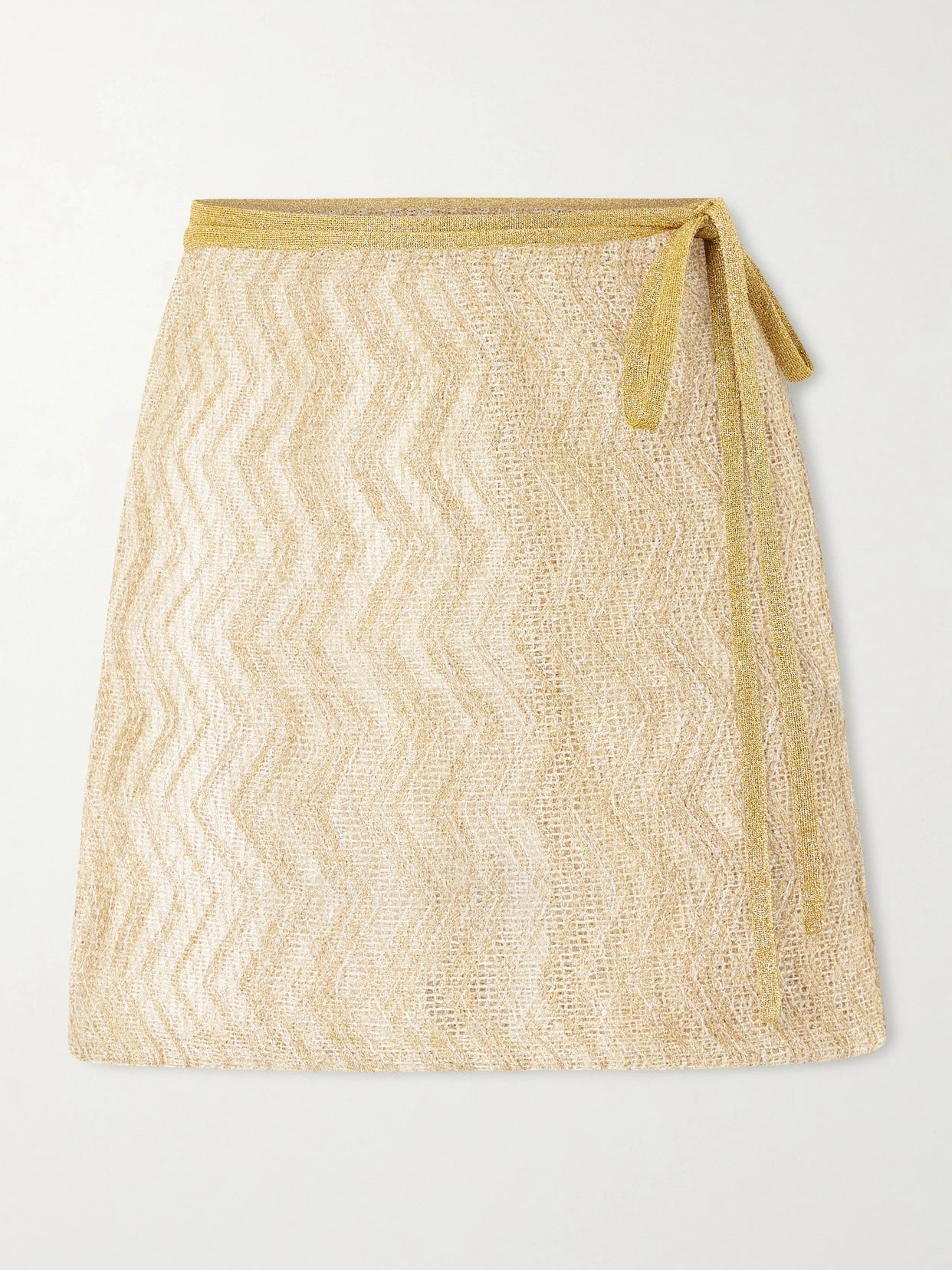 Image of a model wearing Skirts. Product name - Mare Sequin-embellished Metallic Crochet-knit Mini Wrap Skirt in Gold colour by brand - Missoni