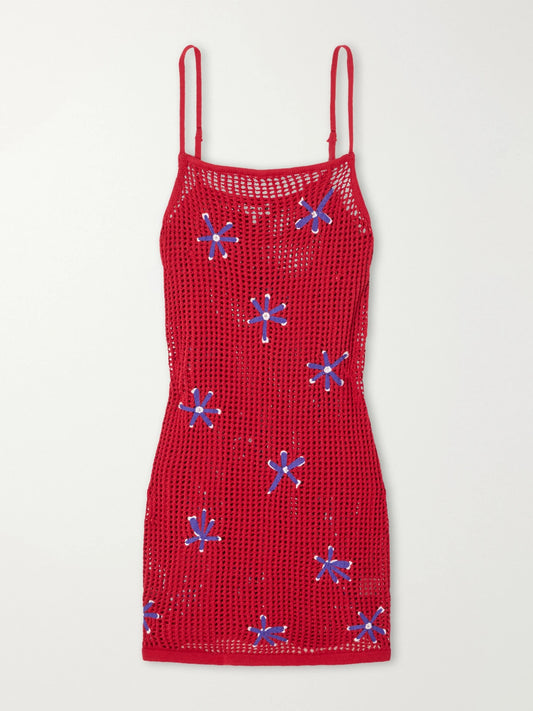 Image of Dresses. Product name - Rio Crocheted Cotton Mini Dress in Red colour by brand - STAUD