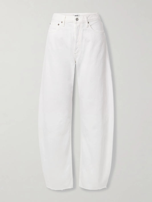 Image of Jeans. Product name - Luna Frayed High-rise Barrel-leg Jeans in White colour by brand - AGOLDE