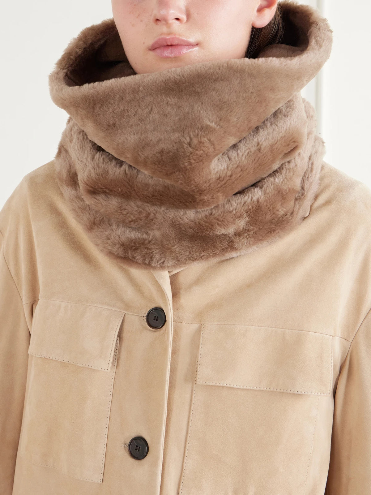 Image of Scarves & Shawls. Product name - Bonne Shearling Snood in Beige colour by brand - TOVE