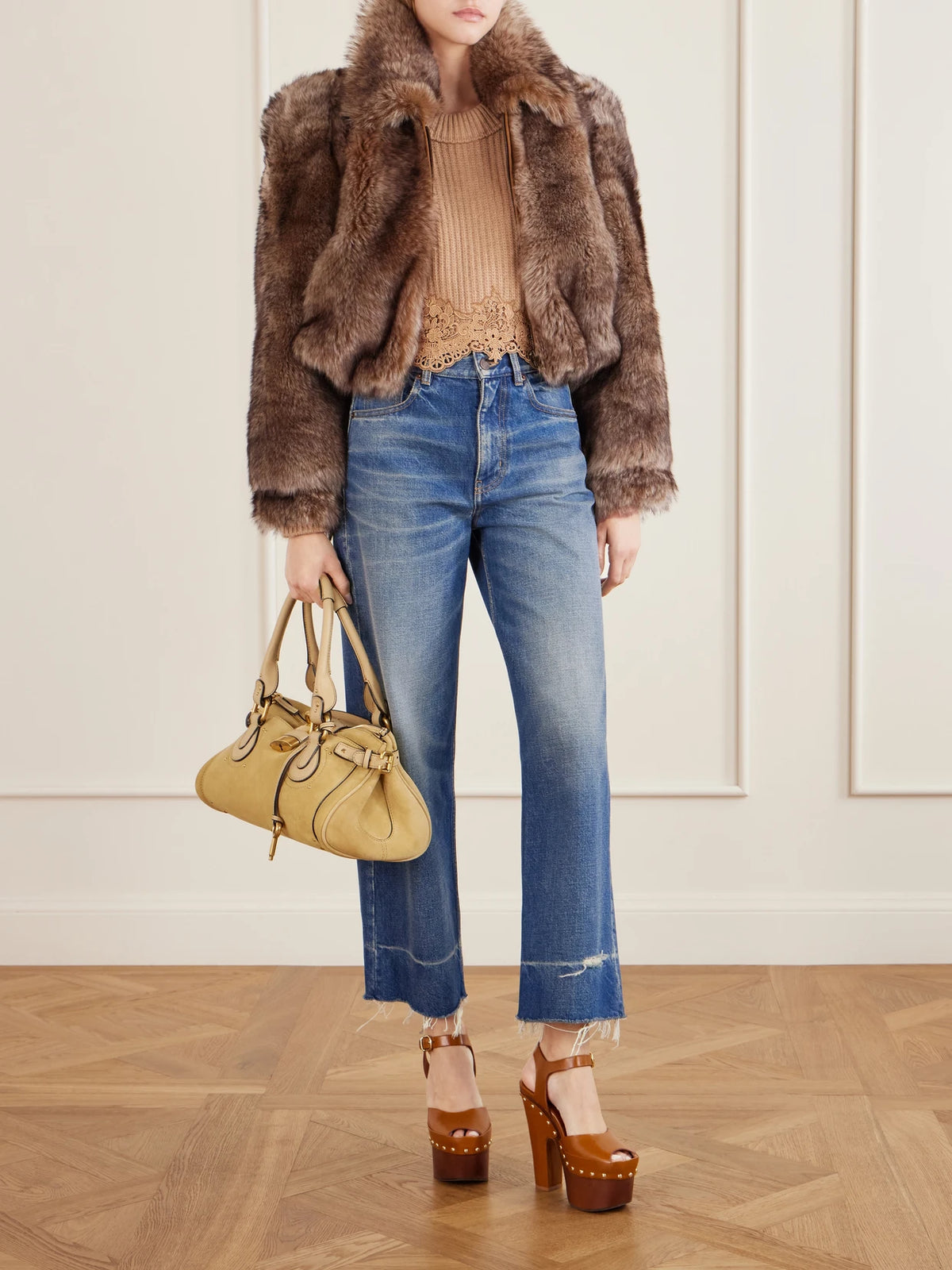 Image of a model wearing Outerwear. Product name - Lace-trimmed Wool And Cashmere-blend Sweater in Brown colour by brand - Chloé