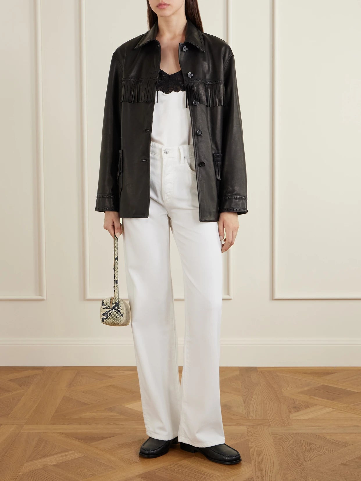 Image of Coats & Jackets. Product name - Gus Fringed Leather Jacket in Black colour by brand - Nili Lotan