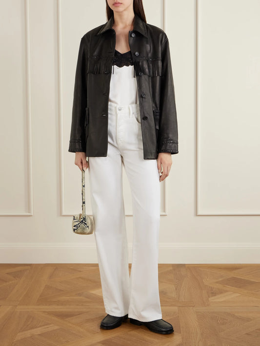 Image of Coats & Jackets. Product name - Gus Fringed Leather Jacket in Black colour by brand - Nili Lotan