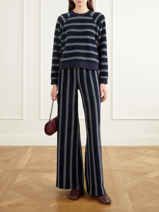 Image of Sleepwear & Loungewear. Product name - Tilos Striped Velour Sweatshirt in Navy colour by brand - Suzie Kondi