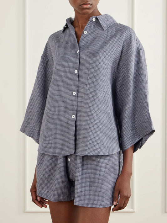 Image of Sleepwear & Loungewear. Product name - 03 Checked Linen Shirt And Shorts Set in Blue colour by brand - Deiji Studios
