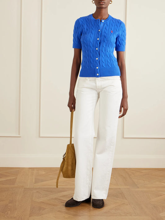 Image of a model wearing Outerwear. Product name - Logo-embroidered Cable-knit Cotton Cardigan in Blue colour by brand - Polo Ralph Lauren
