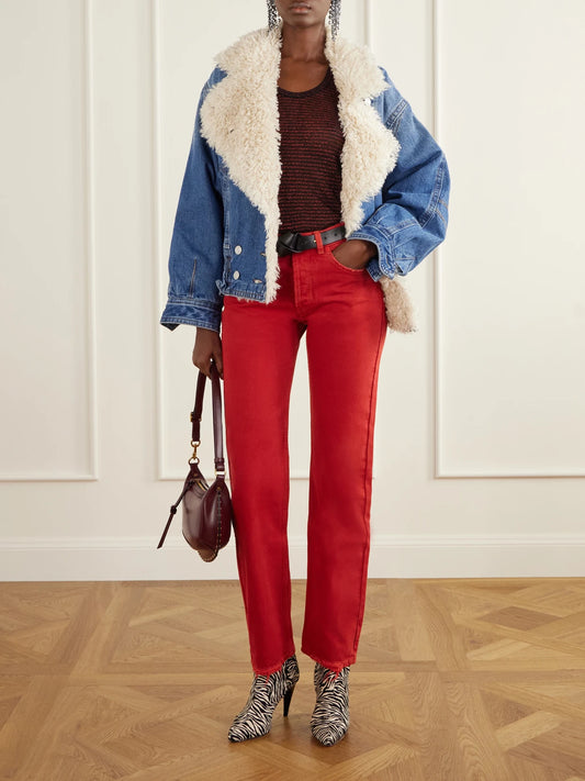 Image of Jeans. Product name - Daya Mid-rise Straight-leg Jeans in Red, Black, Mid denim colour by brand - ISABEL MARANT