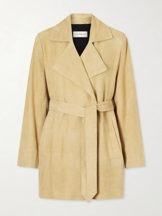 Image of Coats & Jackets. Product name - Kerry Belted Suede Jacket in Sand colour by brand - Nour Hammour