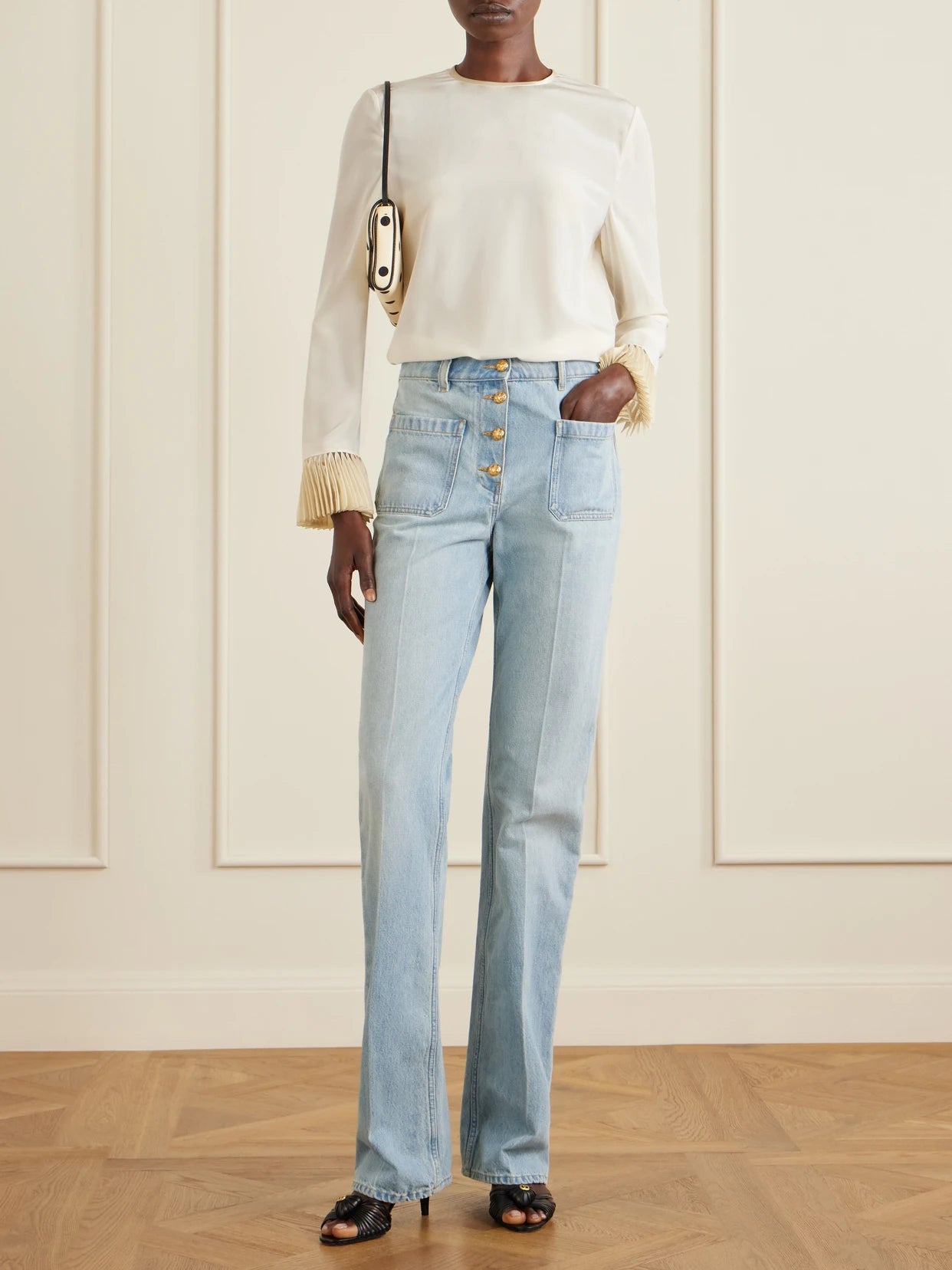 Image of a model wearing Tops. Product name - Silk Crepe De Chine Blouse in Cream colour by brand - Valentino Garavani