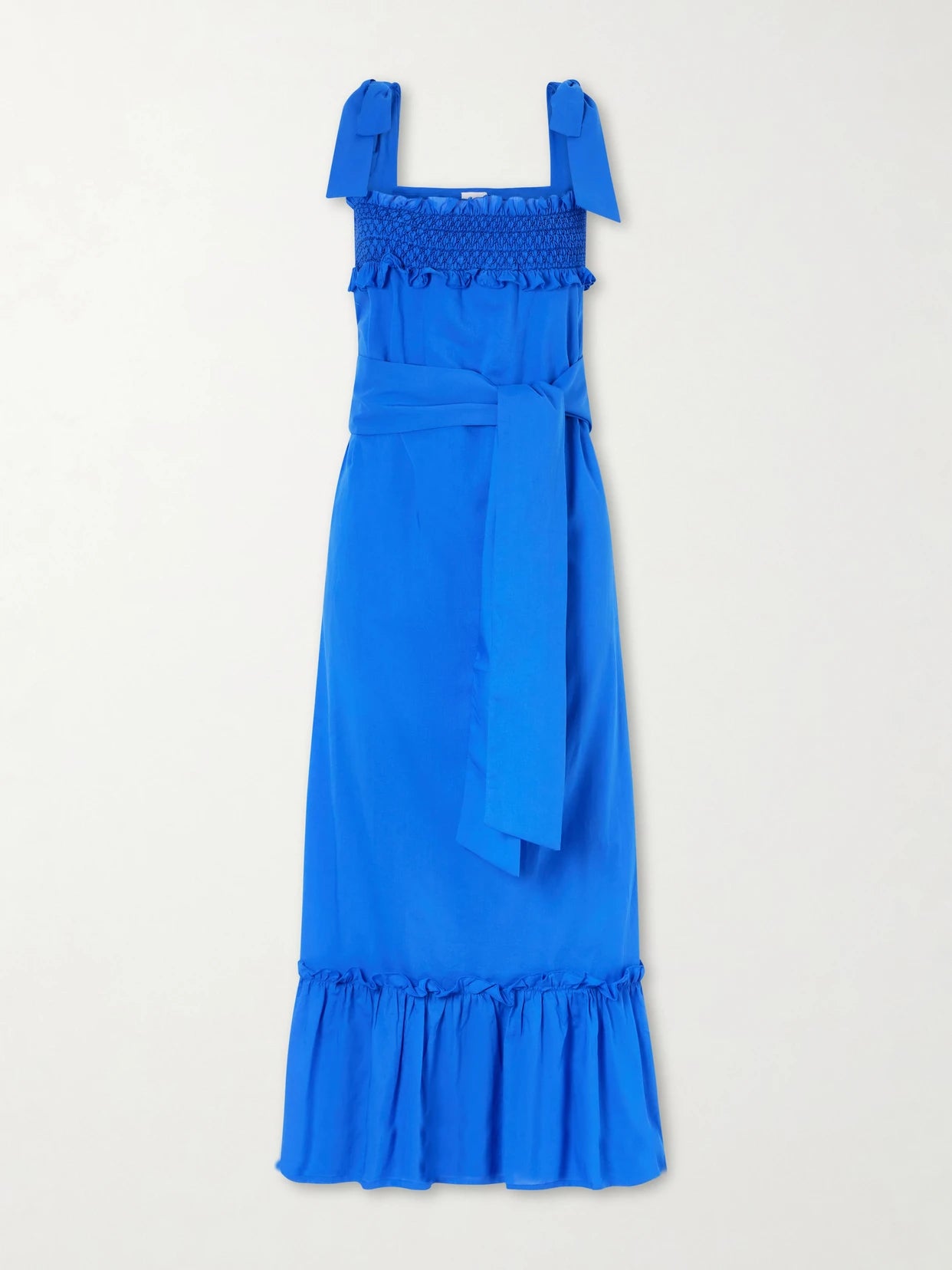 Image of Dresses. Product name - Armida Belted Ruffled Smocked Cotton-poplin Maxi Dress in Blue colour by brand - Loretta Caponi