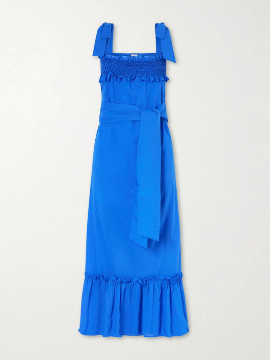 Image of Dresses. Product name - Armida Belted Ruffled Smocked Cotton-poplin Maxi Dress in Blue colour by brand - Loretta Caponi