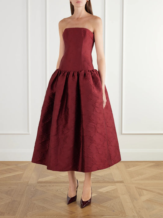 Image of Dresses. Product name - Leyla Gathered Floral-jacquard Satin Gown in Multi colour by brand - Ilkyaz Ozel