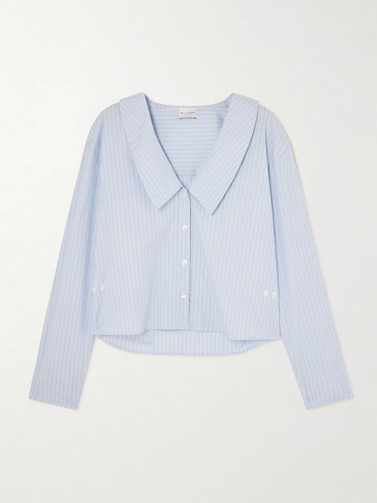Image of a model wearing Tops. Product name - Striped Organic Cotton Shirt in Blue colour by brand - Deiji Studios
