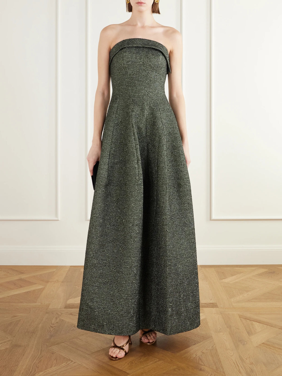 Image of Dresses. Product name - Octavia Strapless Jacquard Gown in Metallic colour by brand - SIMKHAI