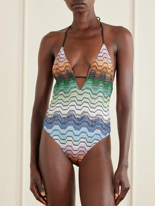Image of Swimwear. Product name - Mare Striped Crochet-knit Halterneck Swimsuit in Blue colour by brand - Missoni