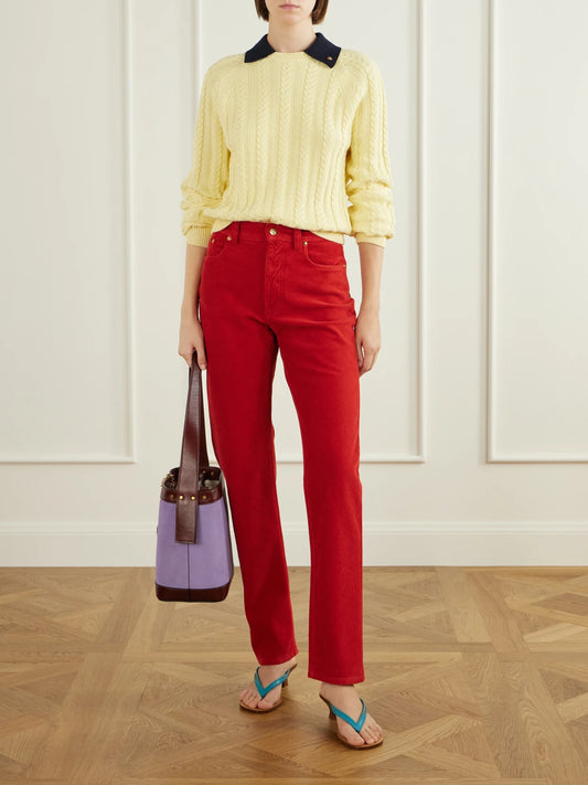 Image of a model wearing Pants. Product name - Cotton-corduroy Straight-leg Pants in Red colour by brand - Versace