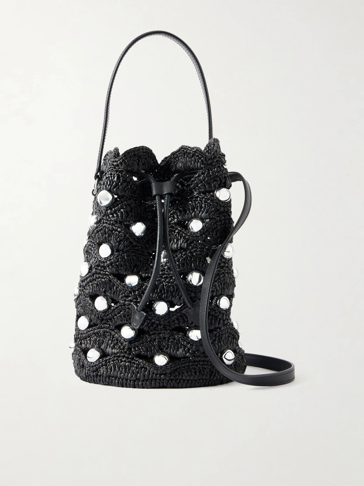 RABANNE Embellished Leather-trimmed Raffia Crossbody Bag