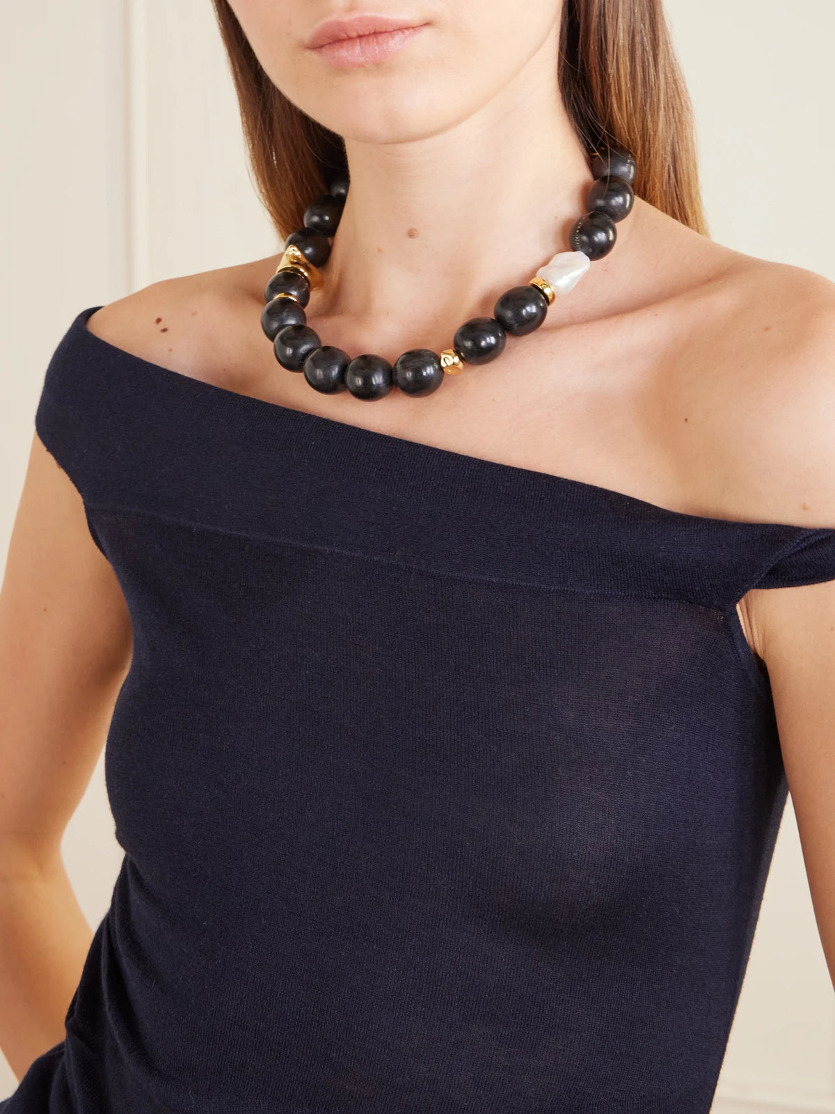 Image of Necklaces. Product name - Oria Gold-plated, Pearl And Horn Beaded Necklace in Black colour by brand - Lizzie Fortunato