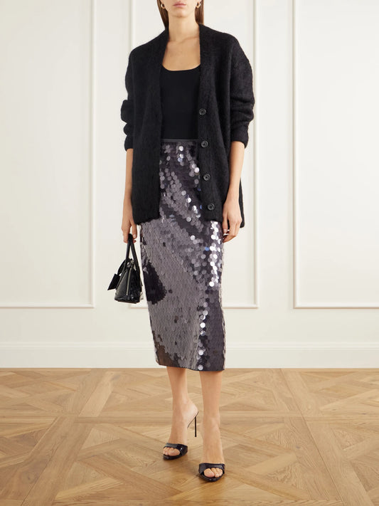 Image of a model wearing Skirts. Product name - Sequined Organza Midi Skirt in Violet colour by brand - Tibi