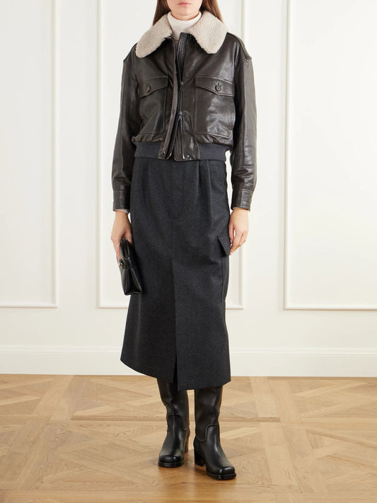 Image of a model wearing Skirts. Product name - Pleated Wool And Cashmere-blend Twill Midi Skirt in Dark gray colour by brand - Brunello Cucinelli