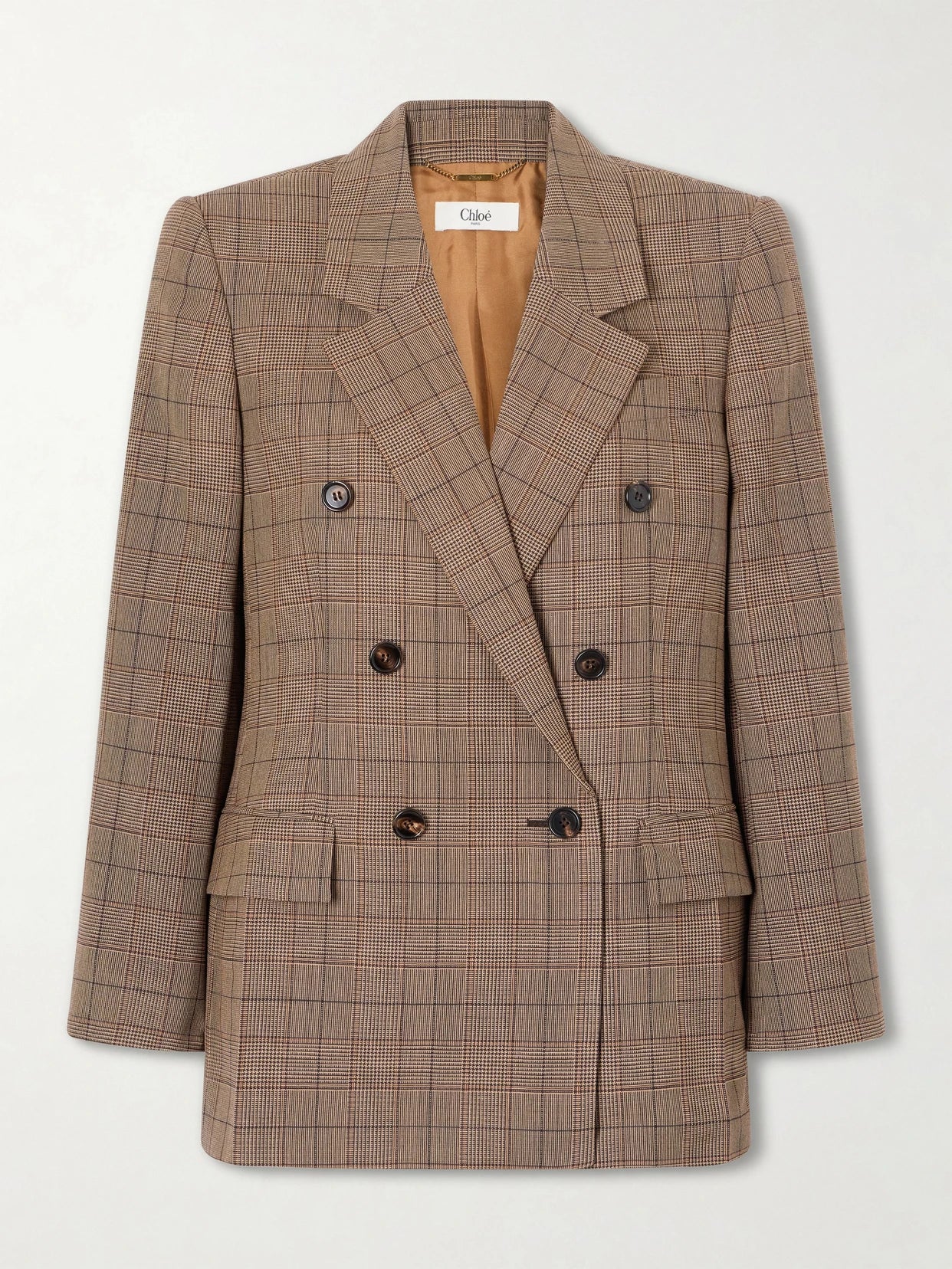 Image of Coats & Jackets. Product name - Double-breasted Checked Wool Blazer in Brown colour by brand - Chloé