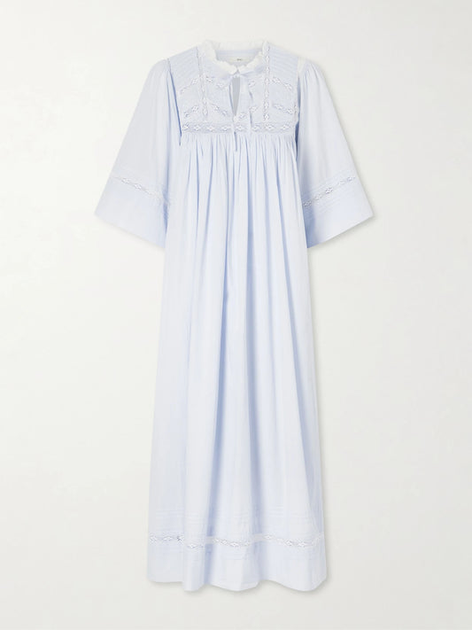 Image of Dresses. Product name - Magnolia Lace-trimmed Organic Cotton Midi Dress in Light blue colour by brand - SKALL