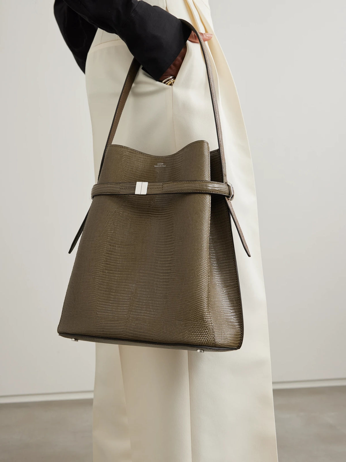 Image of Bags. Product name - Belted Lizard-effect Leather Tote in Dark green colour by brand - TOTEME