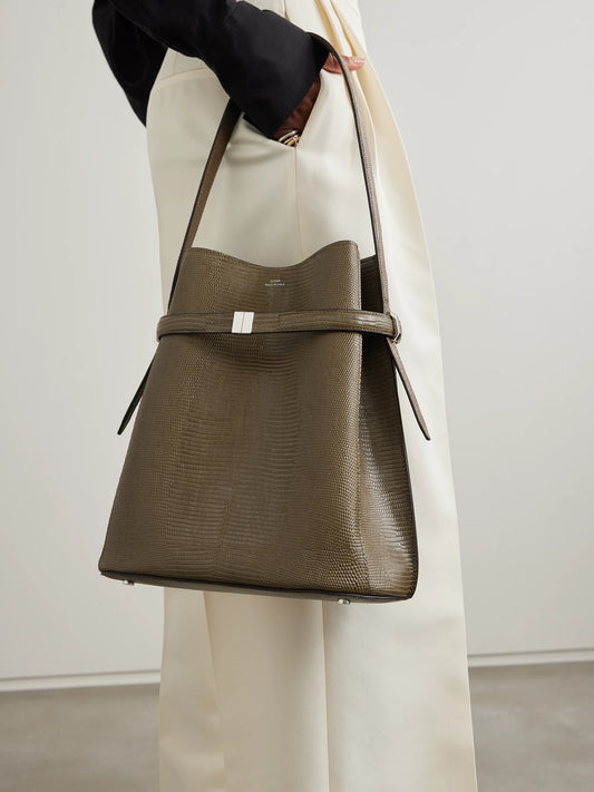 Image of Bags. Product name - Belted Lizard-effect Leather Tote in Dark green colour by brand - TOTEME