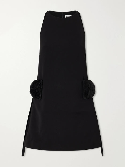 Self-Portrait Bow-detailed Bead-embellished Crepe Mini Dress