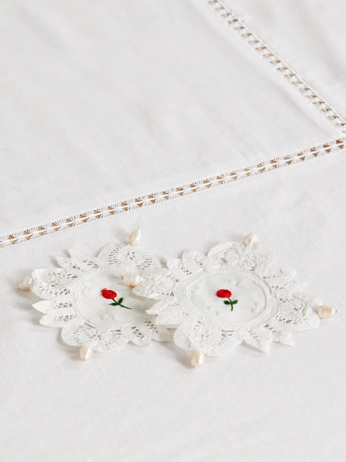 Set Of Two Pearl-embellished Embroidered Cotton-lace Coasters