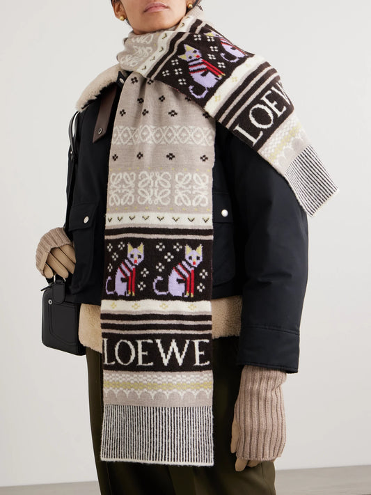 Image of Scarves & Shawls. Product name - Intarsia-knit Wool-blend Scarf in Multi colour by brand - LOEWE