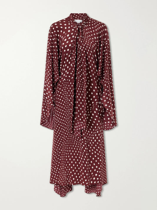 Tie-detailed Draped Polka-dot Silk Midi Dress