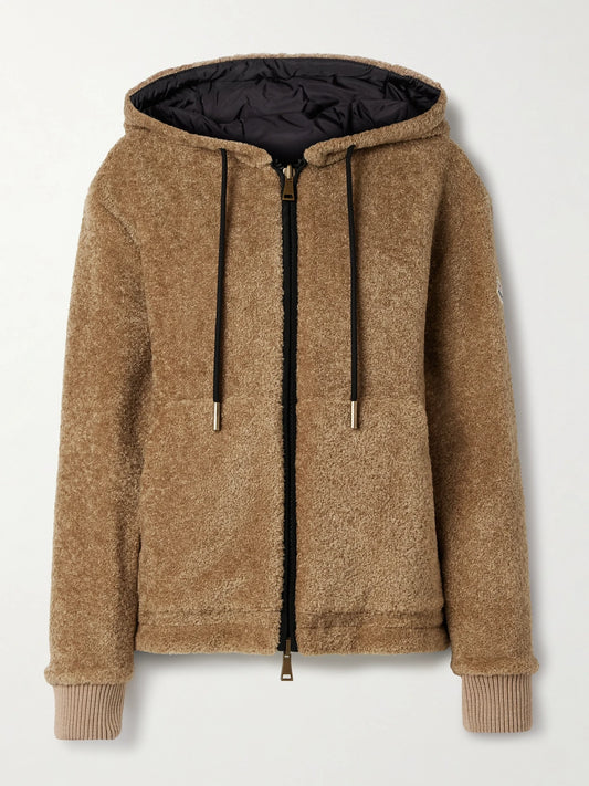 Image of a model wearing Outerwear. Product name - Reversible Fleece And Shell Zip-up Hoodie in Brown colour by brand - Moncler