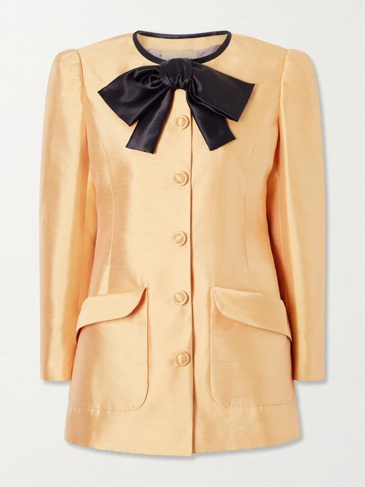 Image of Coats & Jackets. Product name - Bow-detailed Silk Shantung Jacket in Orange colour by brand - Valentino Garavani