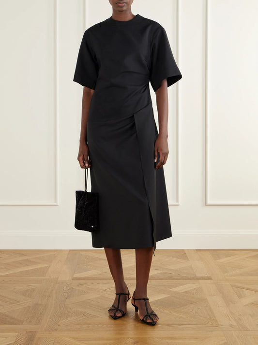 Image of Dresses. Product name - Gathered Crepe Midi Dress in Black colour by brand - RÓHE