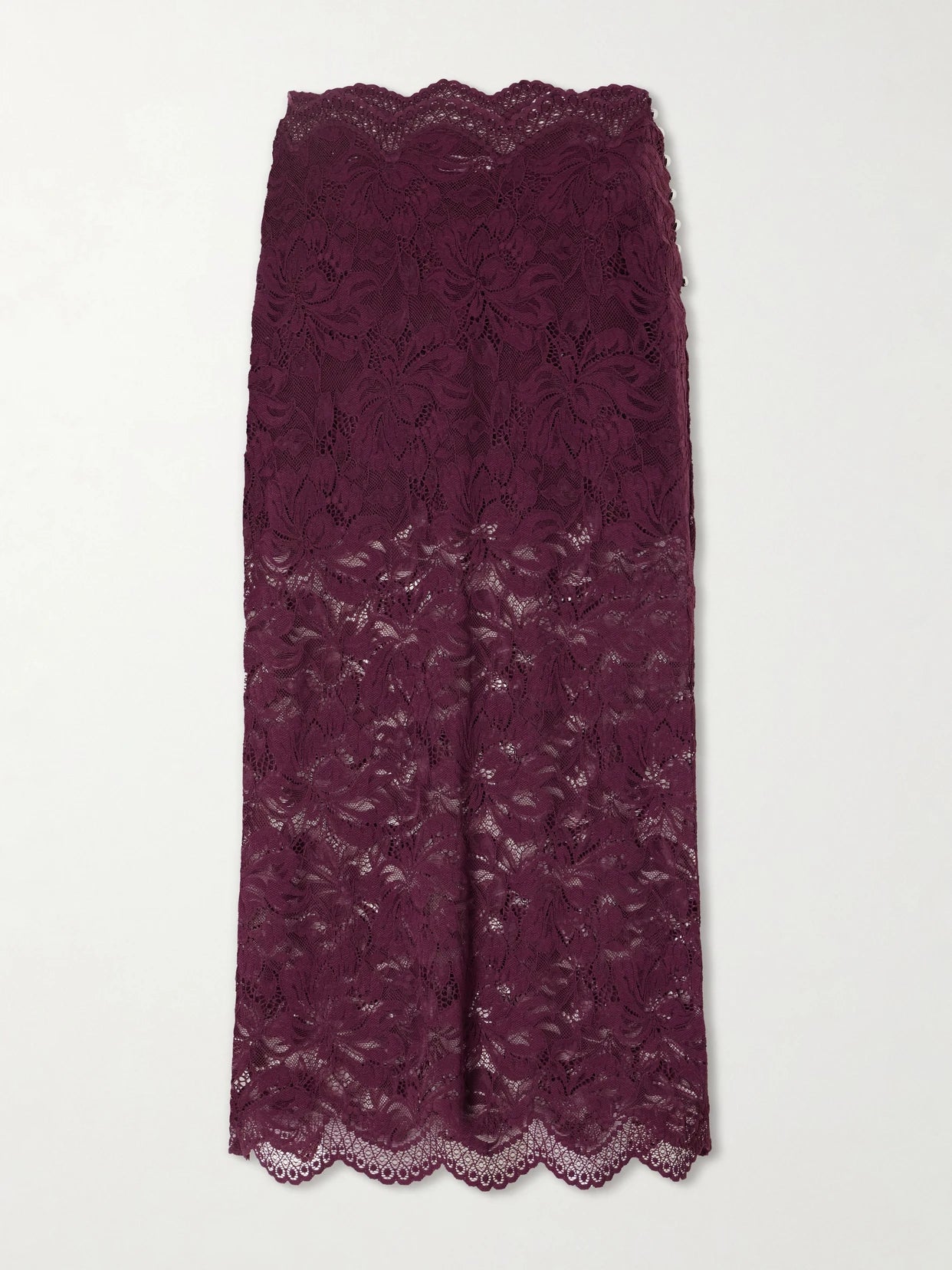 Image of a model wearing Skirts. Product name - Bead-embellished Lace Midi Skirt in Burgundy colour by brand - RABANNE