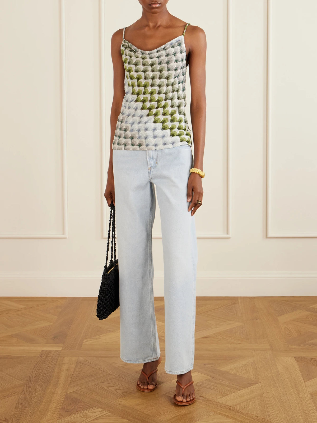 Image of a model wearing Tops. Product name - Metallic Crochet-knit Tank in Multi colour by brand - Missoni