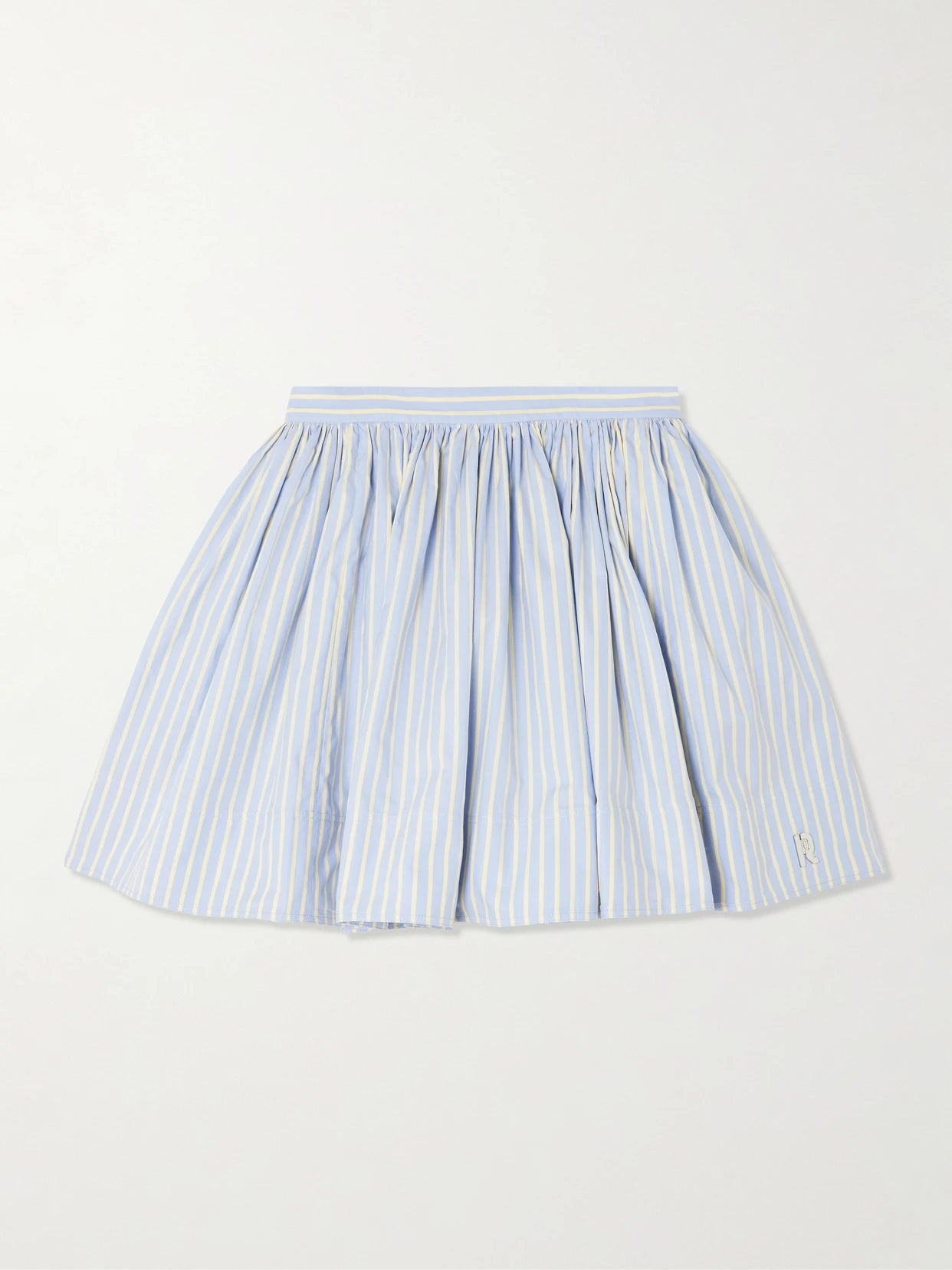 Image of a model wearing Skirts. Product name - Embellished Pleated Striped Cotton-poplin Mini Skirt in Blue colour by brand - RABANNE