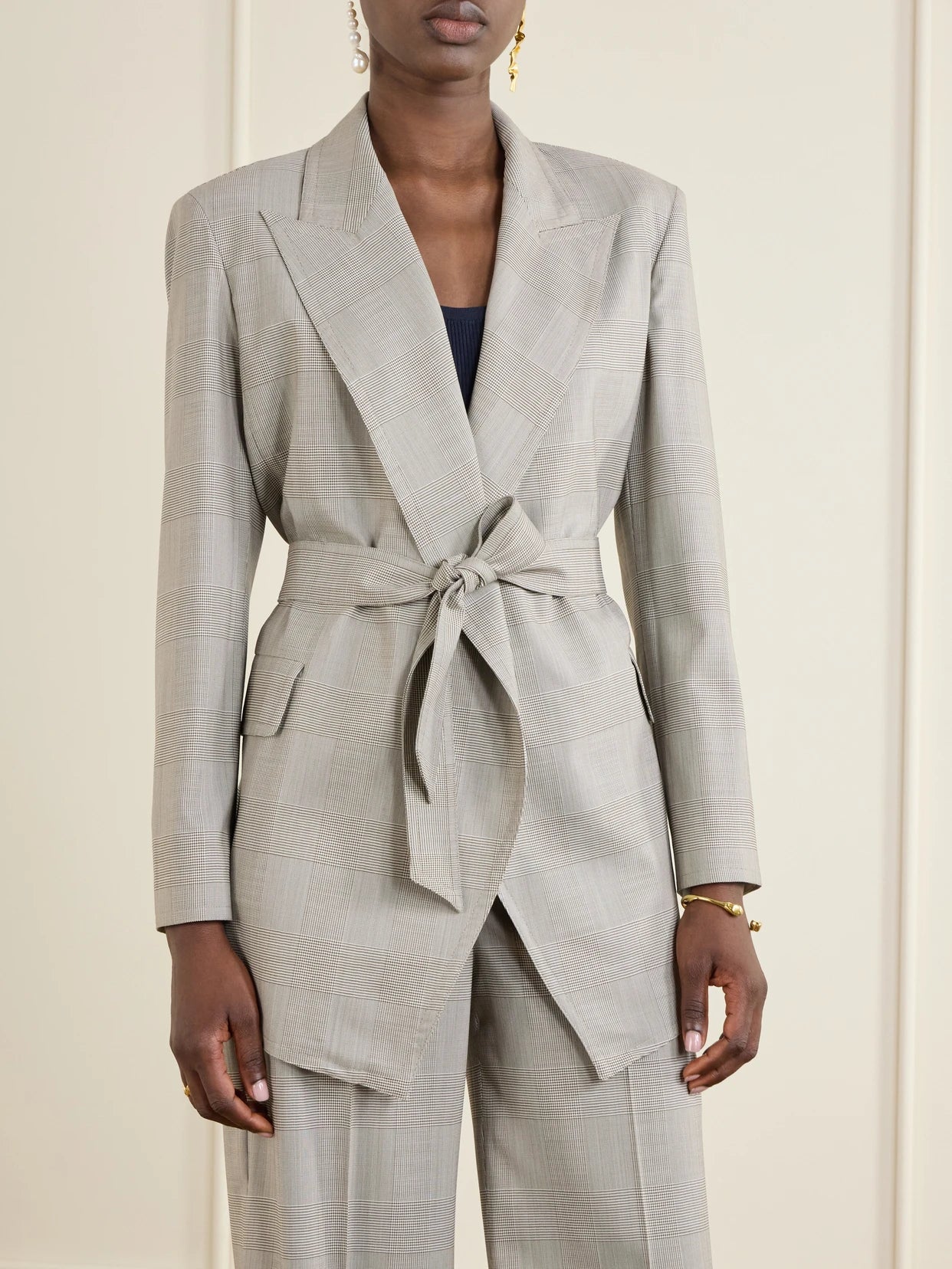 Belted Checked Wool Blazer