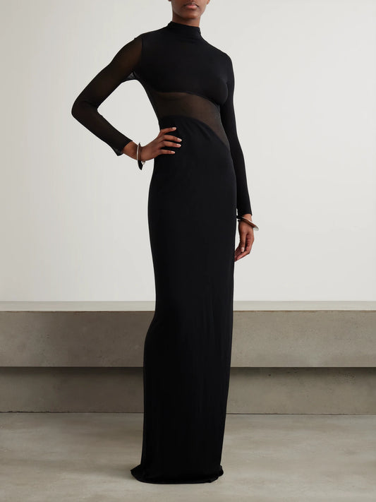 Image of Dresses. Product name - Silk Mesh-trimmed Crepe Gown in Black colour by brand - Alaïa