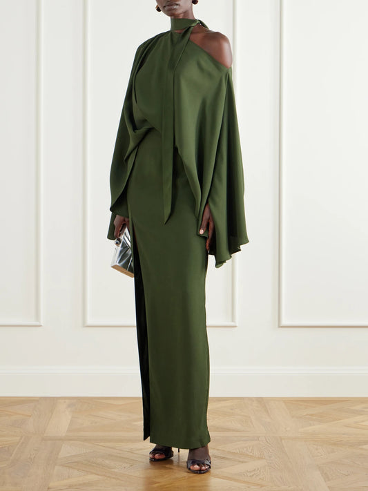 Image of Dresses. Product name - Juniper Asymmetric Tie-detailed Crepe-cady Gown in Green colour by brand - Taller Marmo
