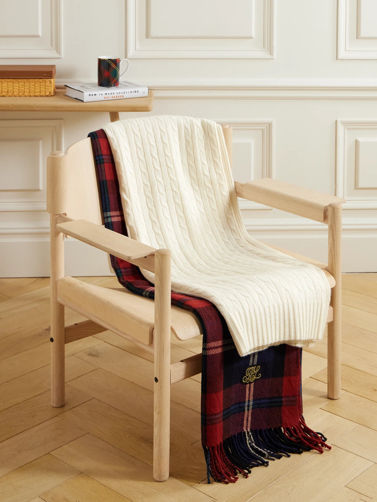 Image of Chair & Sofa Cushions. Product name - Cable-knit Cashmere Blanket in Cream colour by brand - Ralph Lauren Home