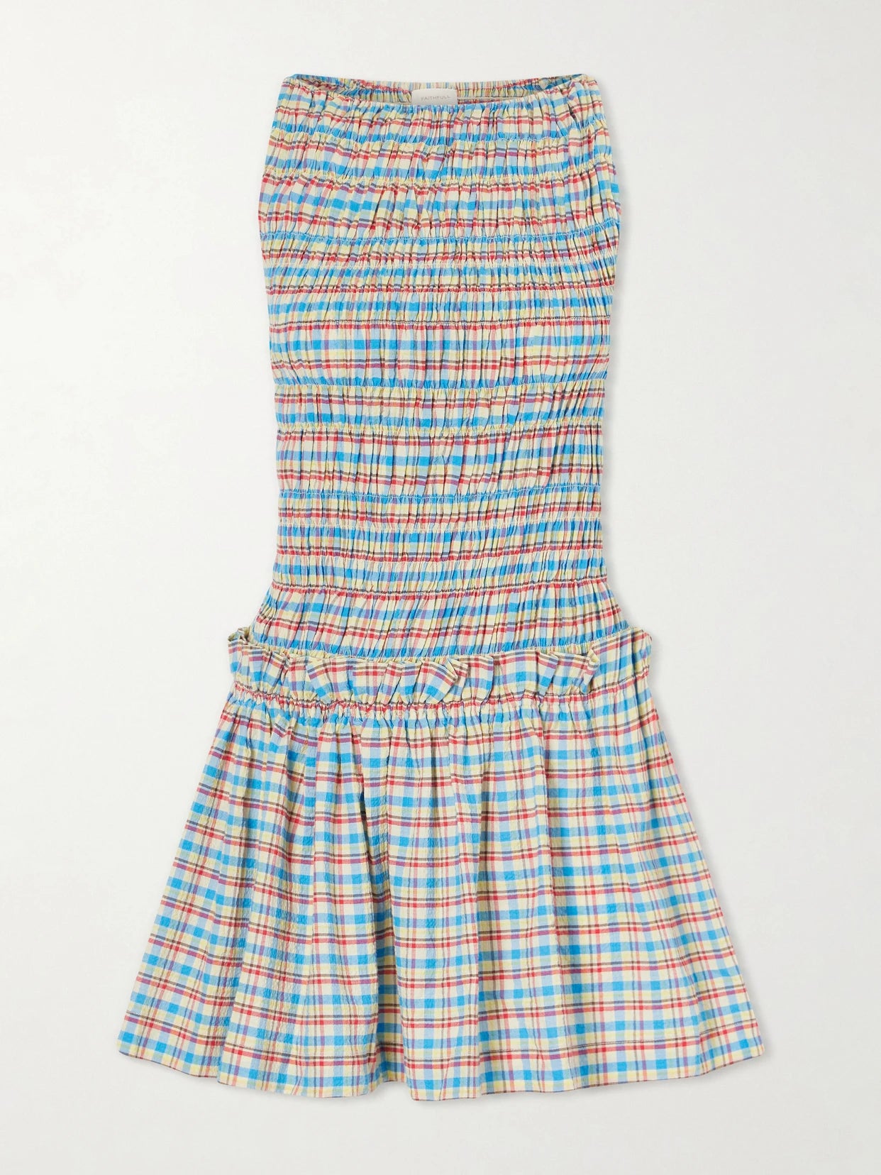 Image of Dresses. Product name - Gala Shirred Checked Cotton-blend Mini Dress in Blue colour by brand - Faithfull