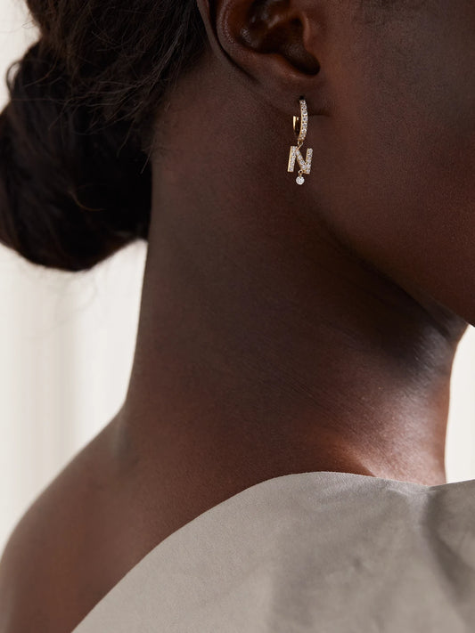 Image of Earrings. Product name - Initial 18-karat Gold Diamond Single Earring in A colour by brand - Persée