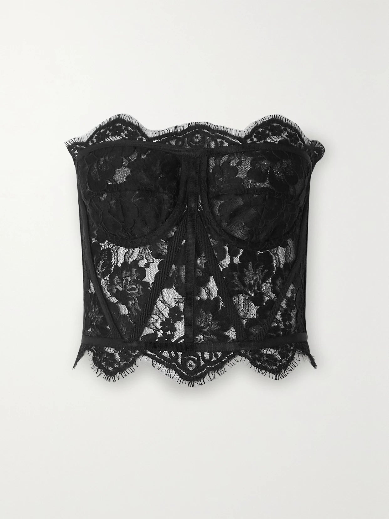 Image of a model wearing Tops. Product name - Grosgrain-trimmed Lace Bustier Top in Black colour by brand - Dolce & Gabbana